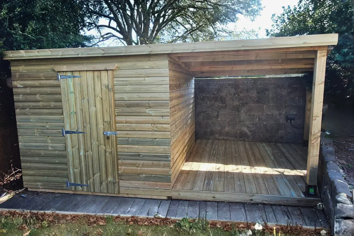 Timber shed with open storage bay